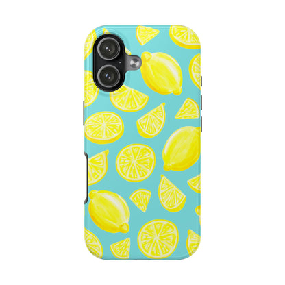 Bright Yellow Lemons Watercolor Illustrated Tossed Pattern Turquoise Blue Tough Phone Case | Various Models