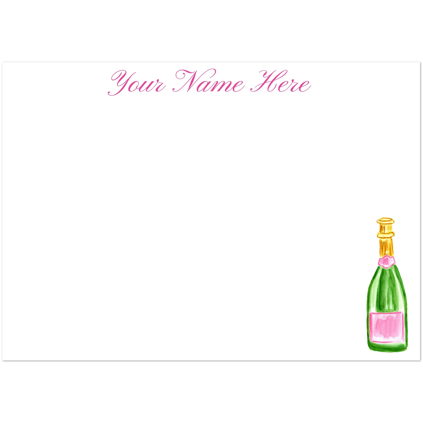 Personalized Notecards | Pink & Green Champagne Bottle Watercolor Illustration | Flat Notecards & Envelope Set of 10 | 2 Sizes 5R (5 x 7″)