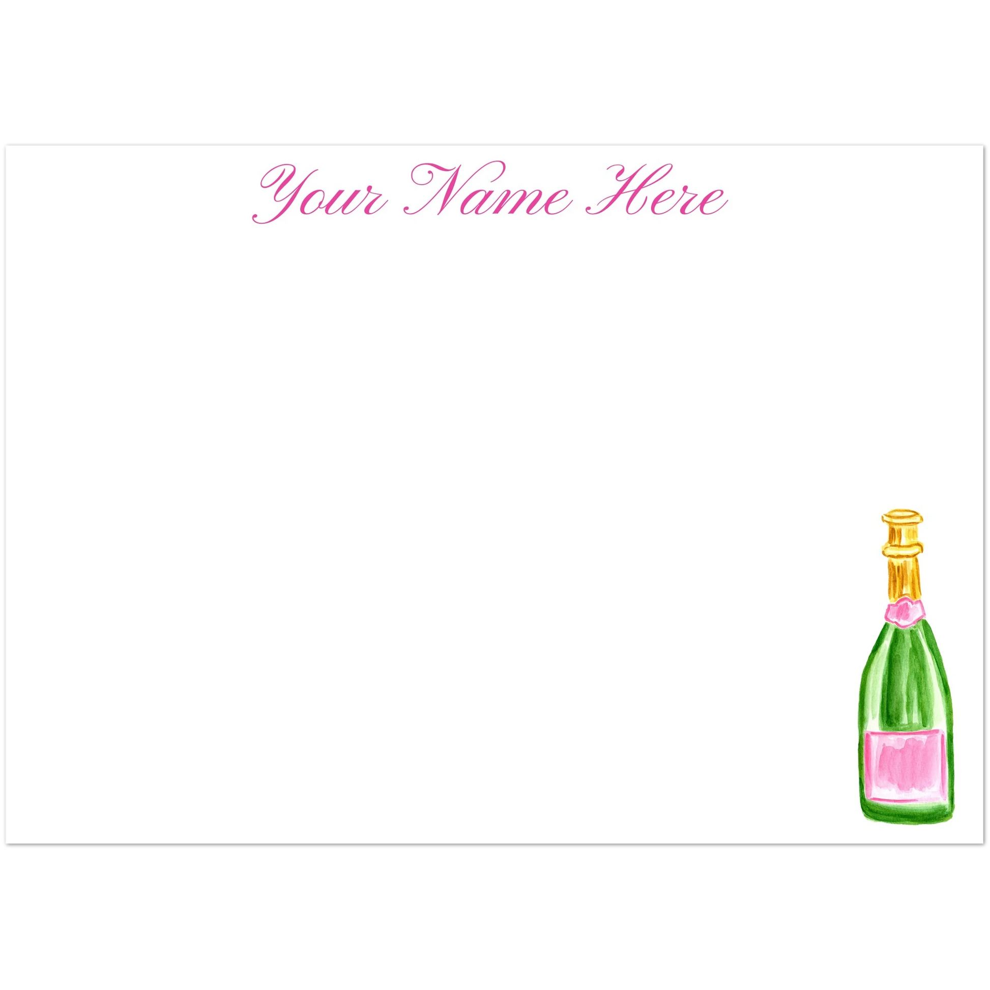 Personalized Notecards | Pink & Green Champagne Bottle Watercolor Illustration | Flat Notecards & Envelope Set of 10 | 2 Sizes 5R (5 x 7″)