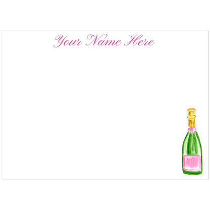 Personalized Notecards | Pink & Green Champagne Bottle Watercolor Illustration | Flat Notecards & Envelope Set of 10 | 2 Sizes 5R (5 x 7″)