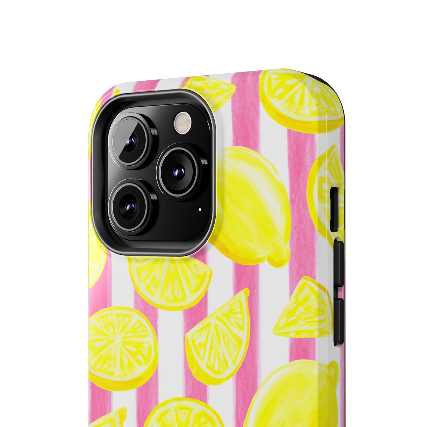 Pink Lemonade Yellow Lemons with Pink & White Watercolor Stripes Tough Phone Case
