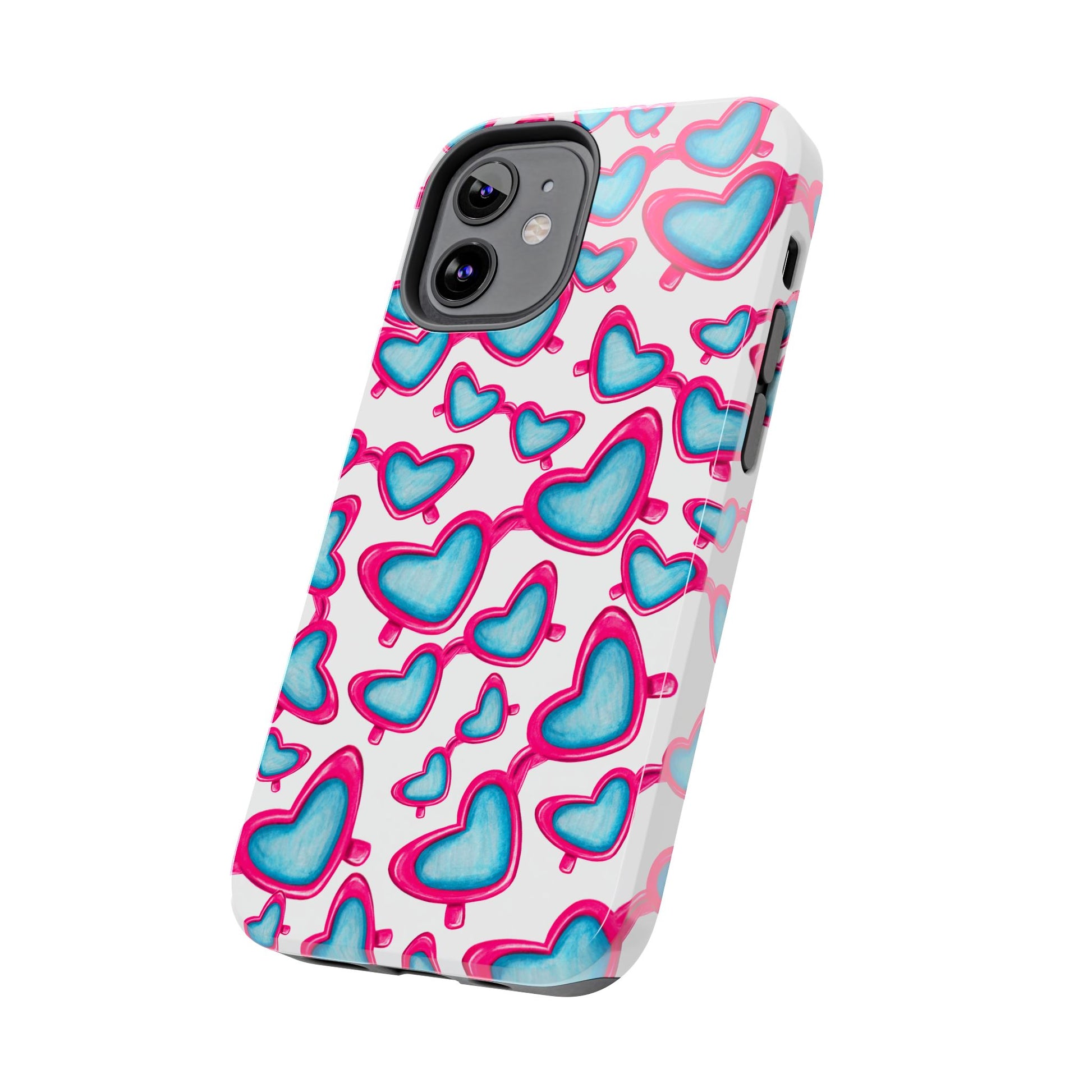 Pink & Blue Heart Shaped Sunglasses Watercolor Illustrated Tossed Pattern Tough Case | Various Models