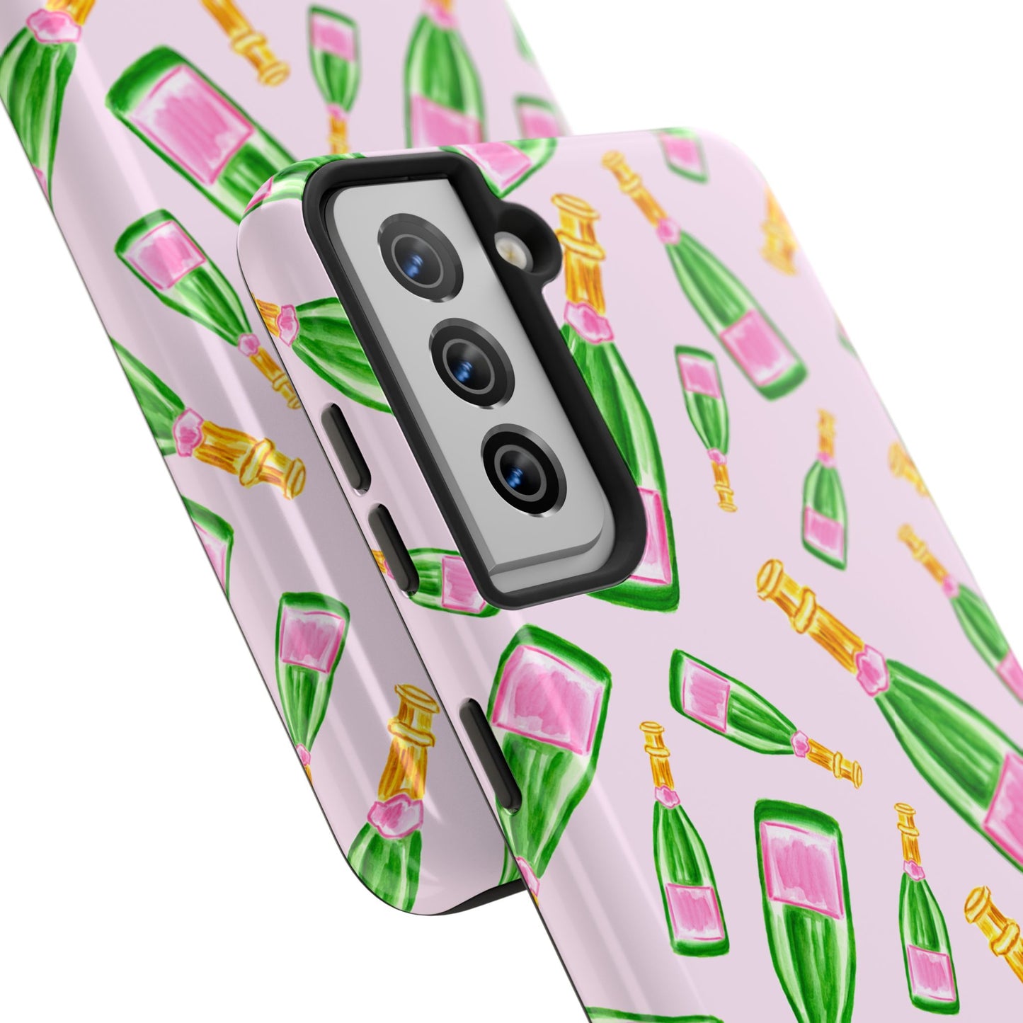 Tossed Pink and Green Watercolor Illustrated Champagne Bottles Pattern Blush Pink Tough Phone Case | Various Models