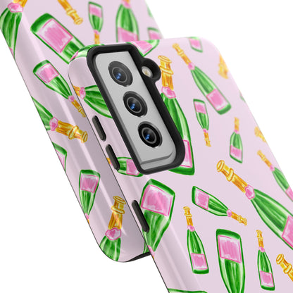 Tossed Pink and Green Watercolor Illustrated Champagne Bottles Pattern Blush Pink Tough Phone Case | Various Models