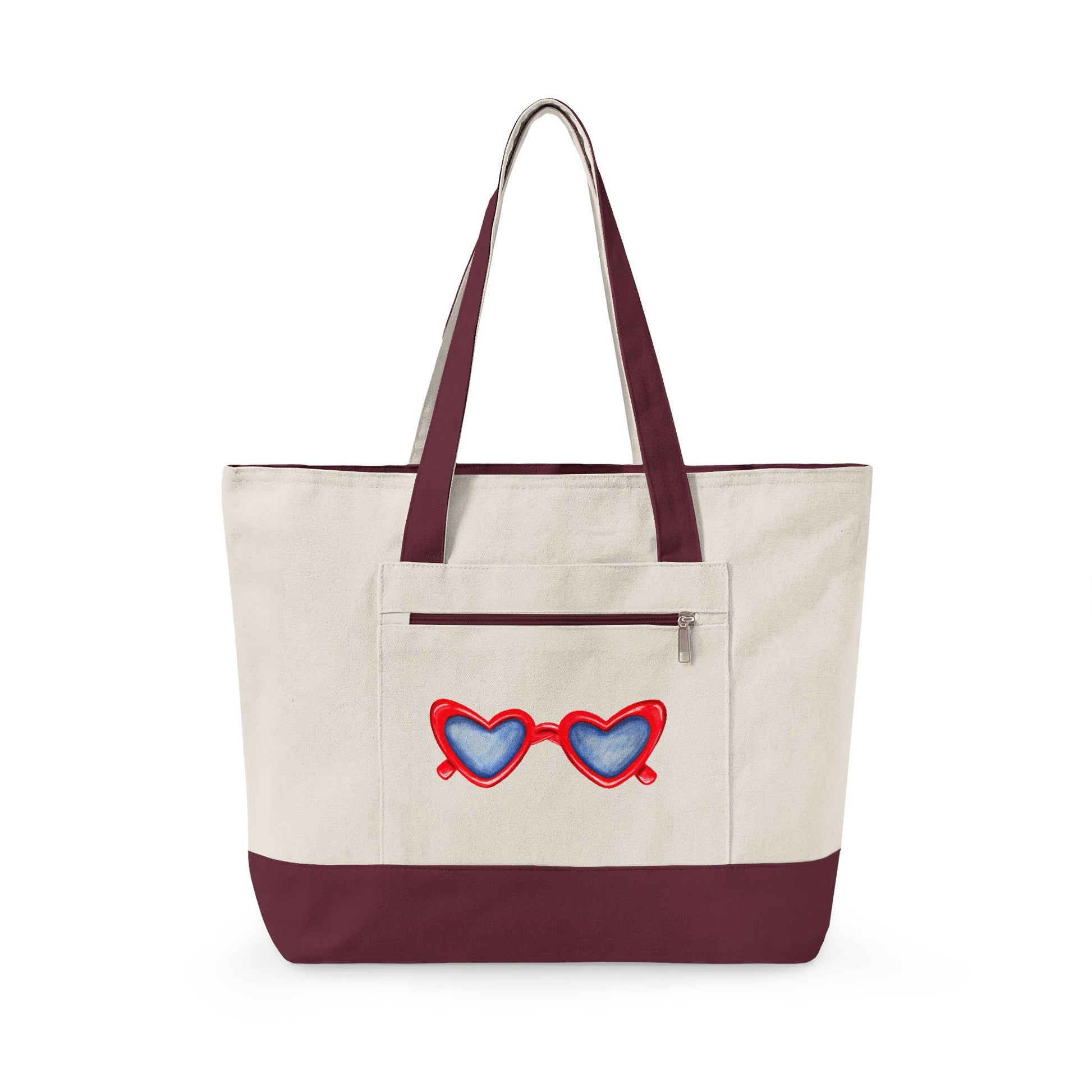 Red Heart Shaped Sunglasses Printed Zippered Canvas Tote 18" x 14" | Various Colors 18" x 14" x 4.5" Natural Maroon
