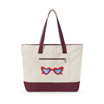 Red Heart Shaped Sunglasses Printed Zippered Canvas Tote 18" x 14" | Various Colors 18" x 14" x 4.5" Natural Maroon