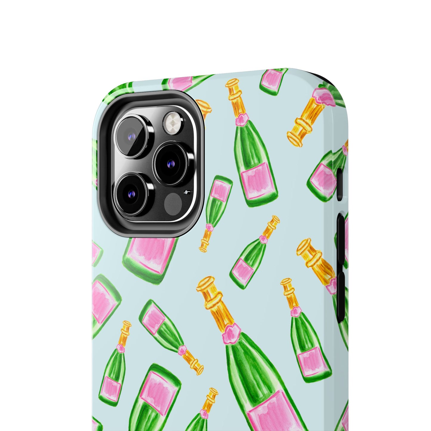 Tossed Pink and Green Watercolor Illustrated Champagne Bottles Pattern Light Blue Tough Phone Case | Various Models
