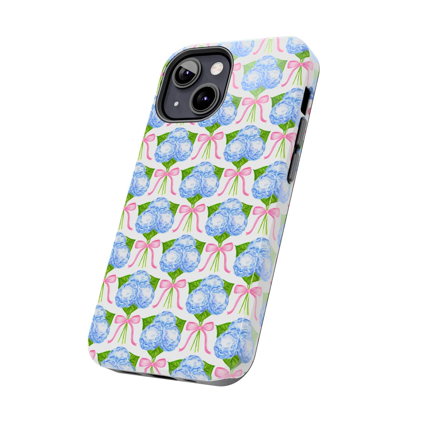Blue Watercolor Hydrangea Bouqets with Light Pink Bows Watercolor Illustrated Patterned Tough Phone Case | Various Models