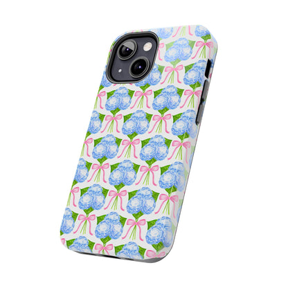Blue Watercolor Hydrangea Bouqets with Light Pink Bows Watercolor Illustrated Patterned Tough Phone Case | Various Models
