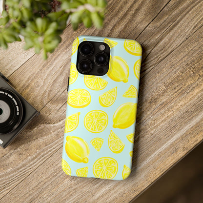 Bright Yellow Lemons Watercolor Illustrated Tossed Pattern Light Blue Tough Phone Case | Various Models