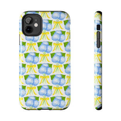 Blue Hydrangea Bouquets with Yellow Bow Ribbon Watercolor Illustrated Patterned Tough Phone Case | Various Models
