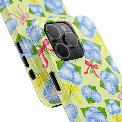 Blue Watercolor Hydrangea Bunches with Hot Pink, Yellow, Light Pink Bows Illustrated Patterned Yellow Tough Phone Case | Various Models