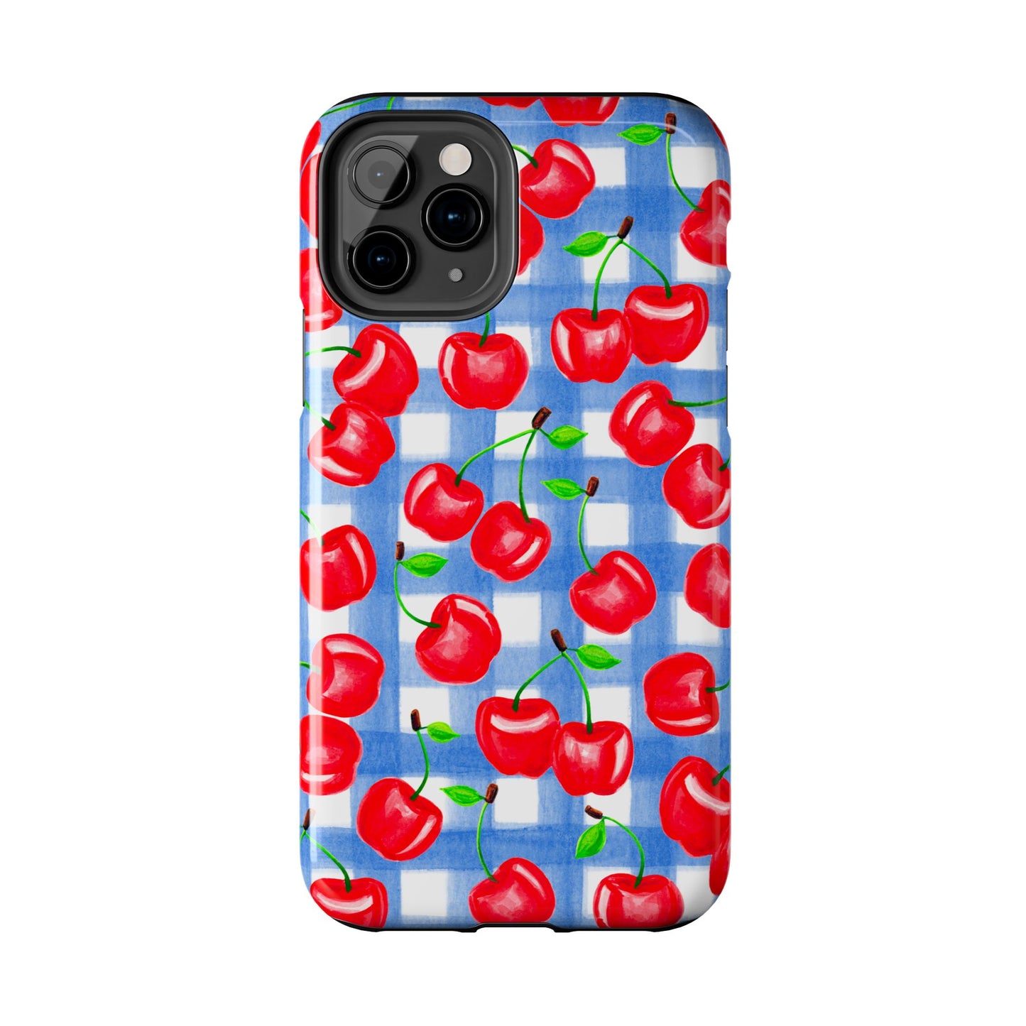 Tossed Red Cherries Blue Gingham Checkered Watercolor Illustrated Tough Phone Case | Various Models