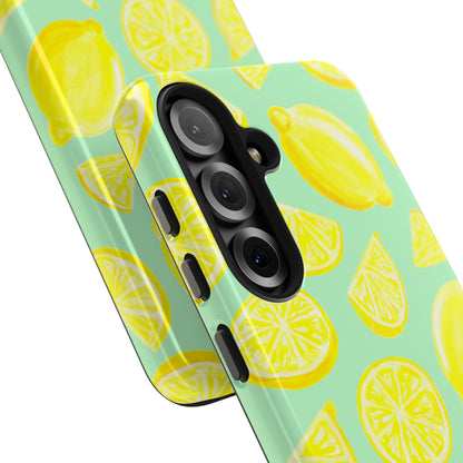 Bright Yellow Lemons Watercolor Illustrated Tossed Pattern Mint Green Tough Phone Case | Various Models