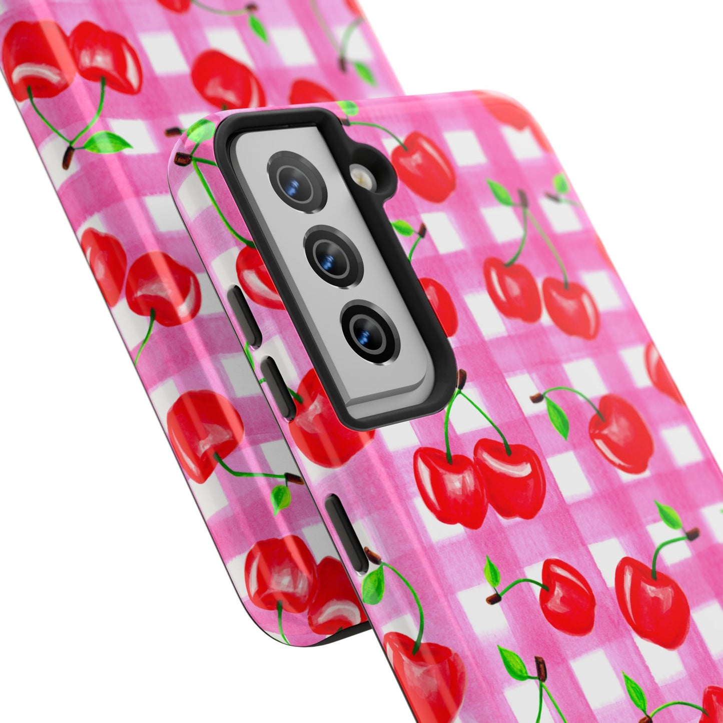 Tossed Red Watercolor Cherries Illustrated Pattern Light Pink Gingham Tough Phone Case | Various Models