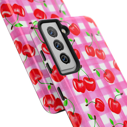 Tossed Red Watercolor Cherries Illustrated Pattern Light Pink Gingham Tough Phone Case | Various Models