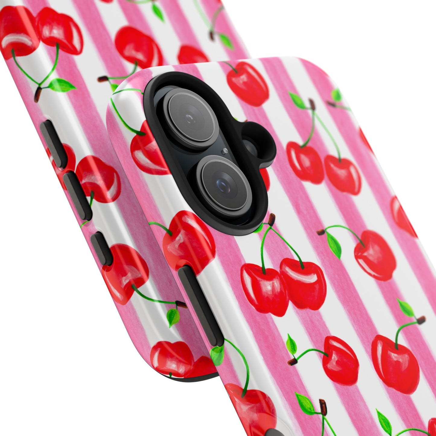 Tossed Red Watercolor Cherries Illustrated Pattern Light Pink Stripes Tough Phone Case | Various Models