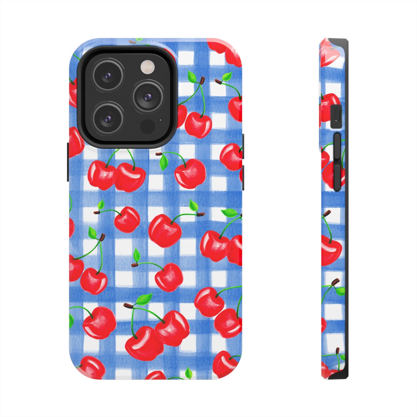 Tossed Red Watercolor Illustrated Cherries Light Blue Gingham Tough Phone Case | Various Models