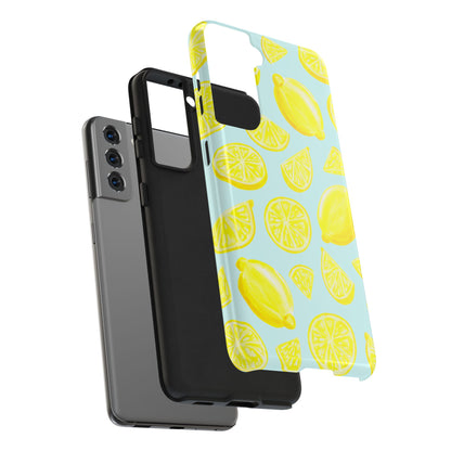 Bright Yellow Lemons Watercolor Illustrated Tossed Pattern Light Blue Tough Phone Case | Various Models