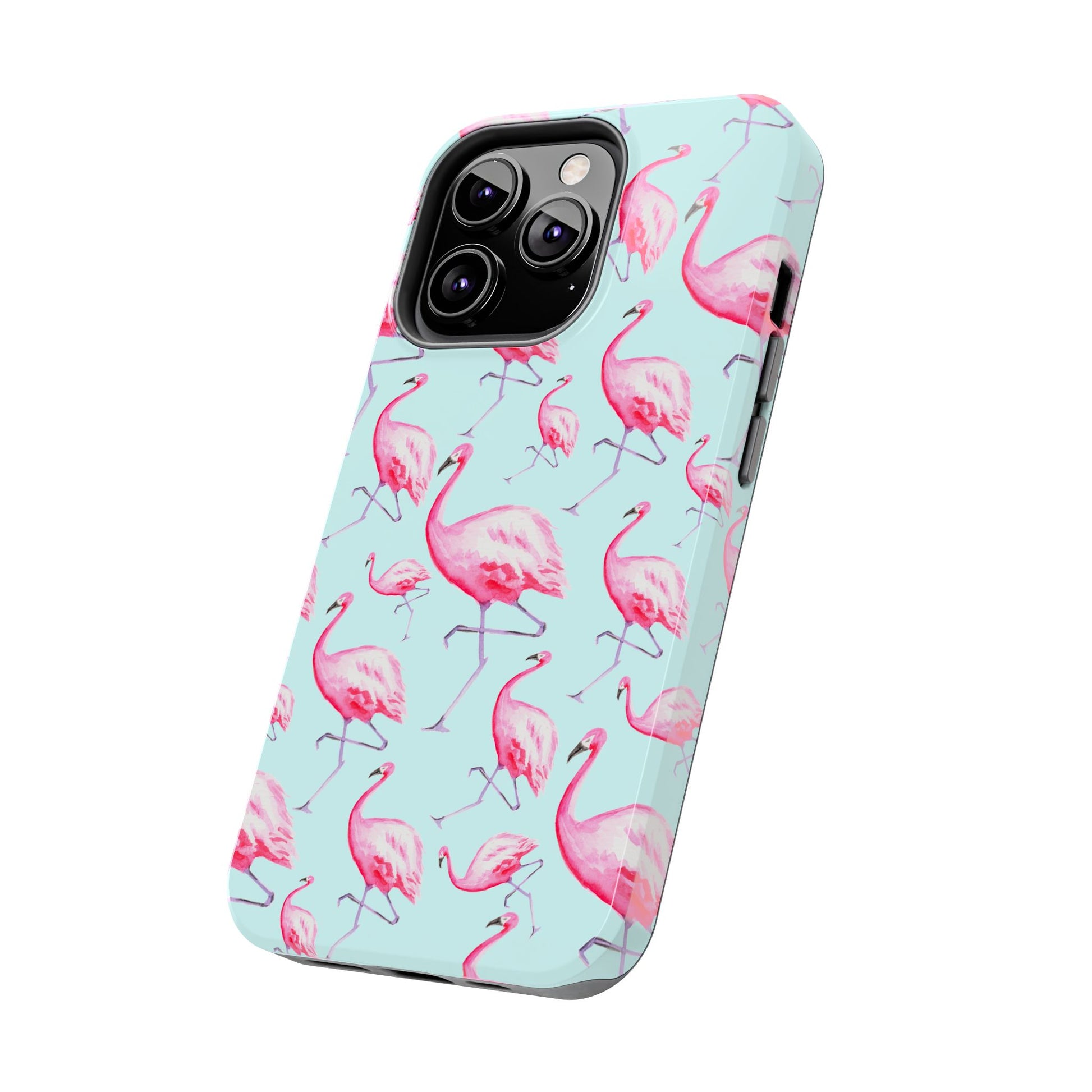 Pink Flamingos Watercolor Illustrated Tossed Pattern Blue Phone Case | Various Models