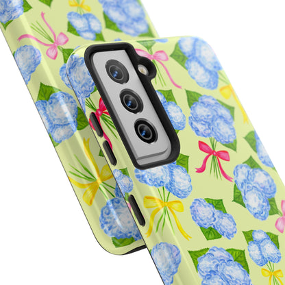 Blue Watercolor Hydrangea Bunches with Hot Pink, Yellow, Light Pink Bows Illustrated Patterned Yellow Tough Phone Case | Various Models