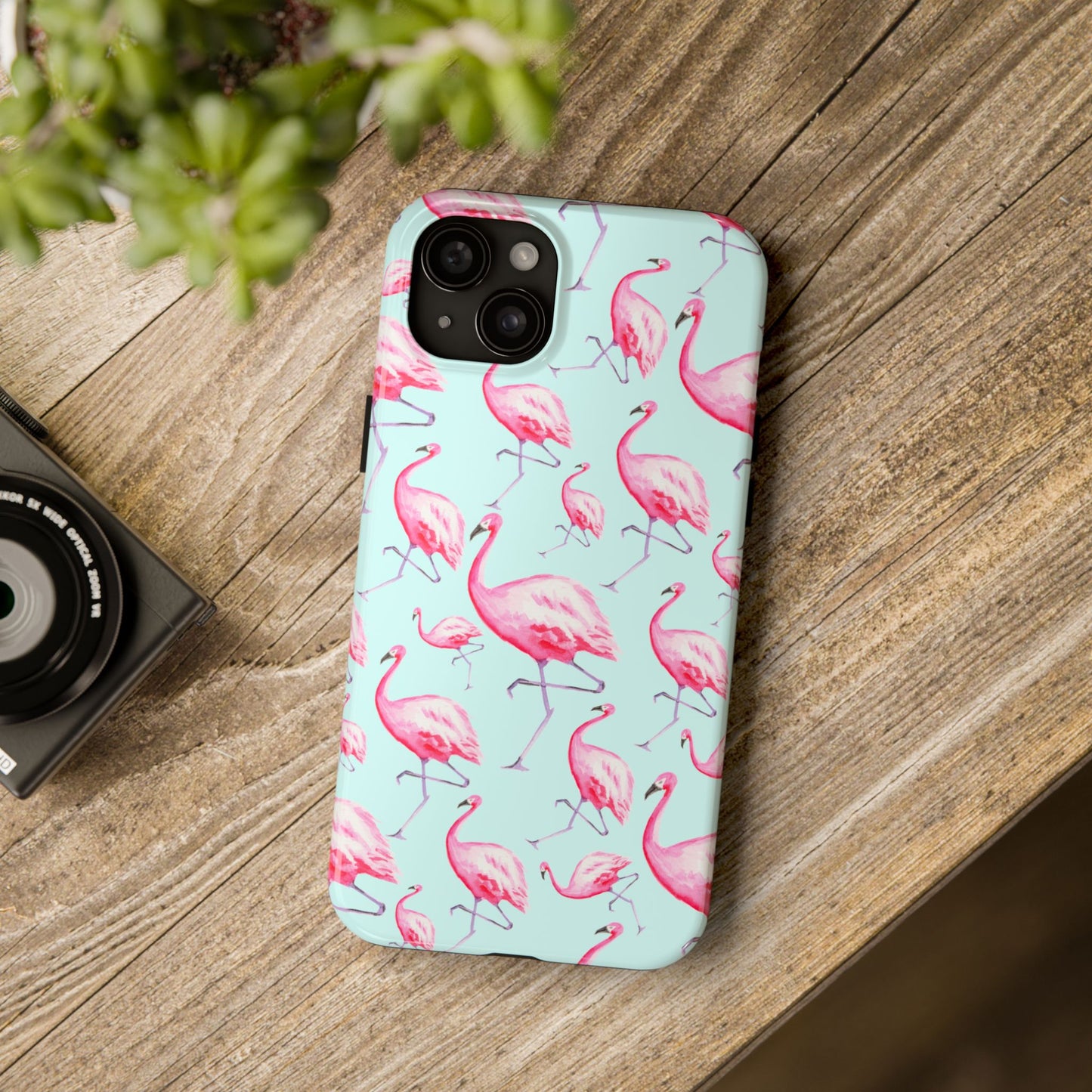 Pink Flamingos Watercolor Illustrated Tossed Pattern Blue Phone Case | Various Models