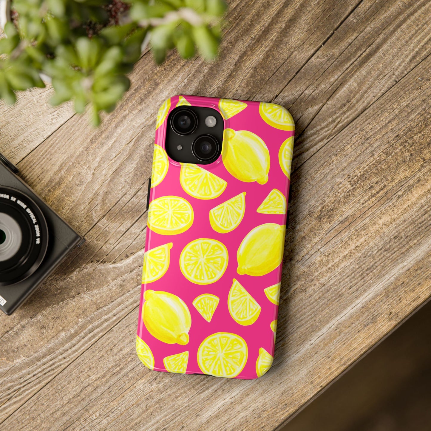Bright Yellow Lemons Watercolor Illustrated Tossed Pattern Watermelon Pink Tough Phone Case | Various Models