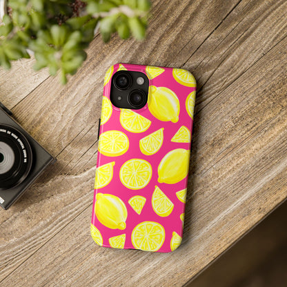 Bright Yellow Lemons Watercolor Illustrated Tossed Pattern Watermelon Pink Tough Phone Case | Various Models