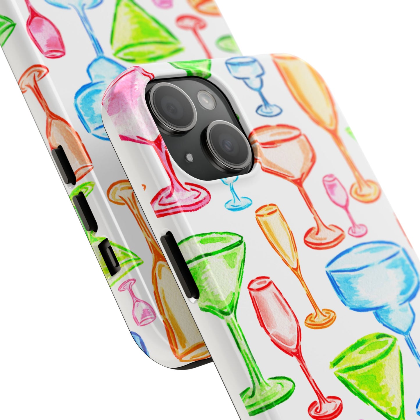 Monochromatic Margarita, Wine, Martini, and Champagne Flute Cocktail Glasses Watercolor Illustrated Tough Phone Case | Various Models Available