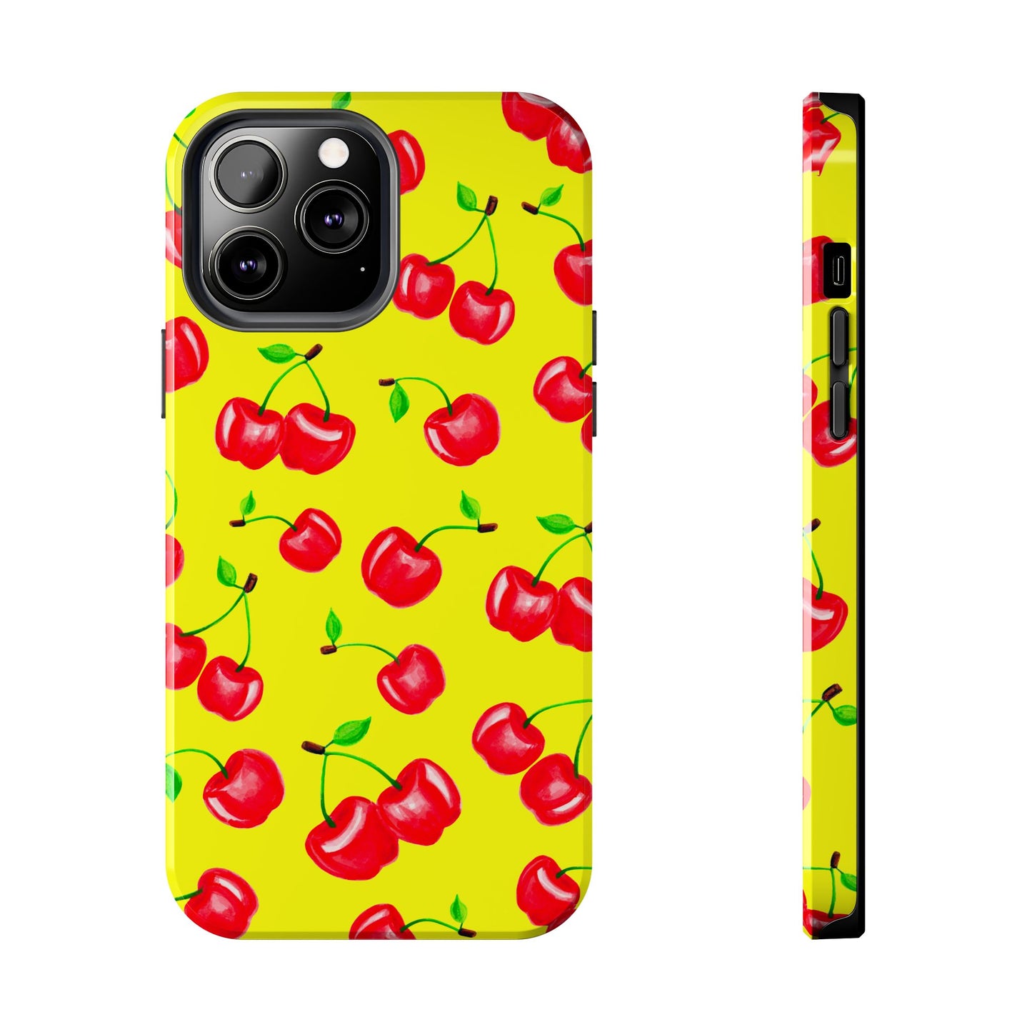 Tossed Red Watercolor Cherries Illustrated Pattern Bright Yellow Tough Phone Case | Various Models