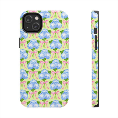 Blue Watercolor Hydrangea Bouquets with Light Pink Bows Watercolor Illustrated Patterned Yellow Tough Phone Case | Various Models