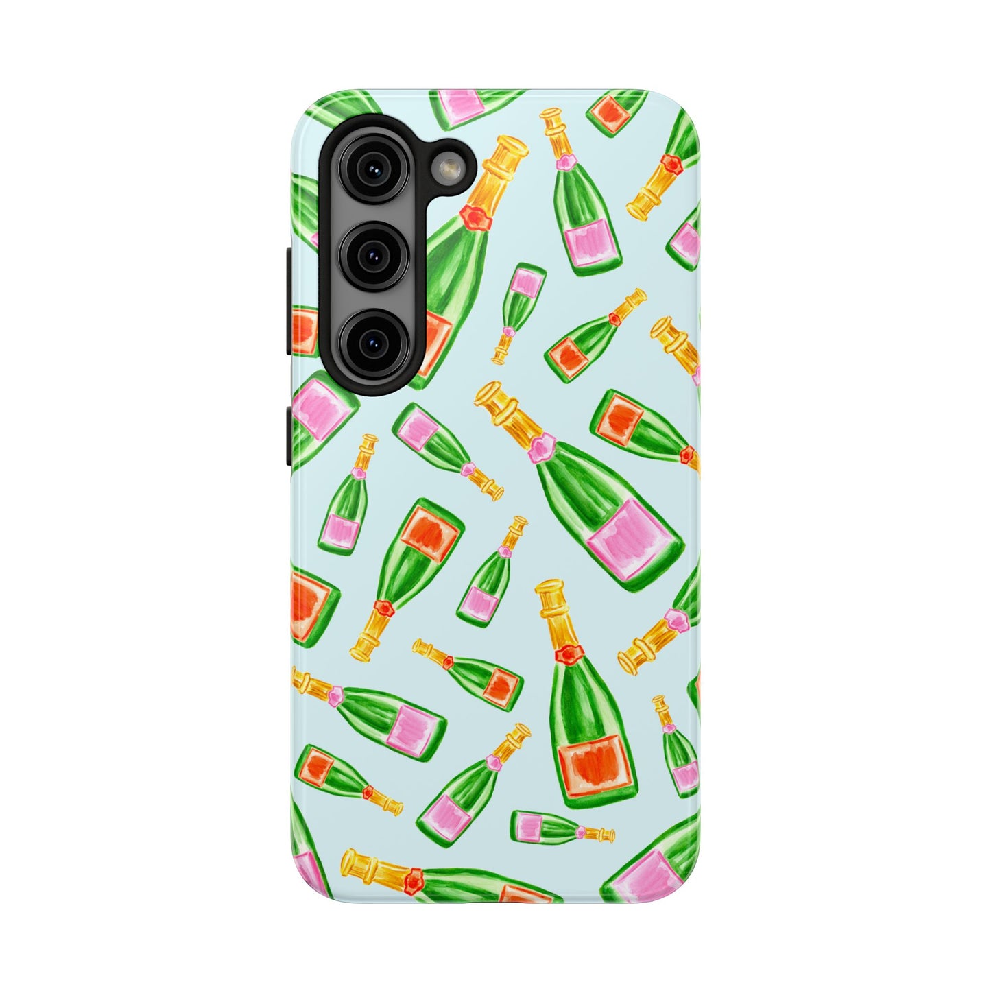 Tossed Pink and Green & Orange and Green Watercolor Illustrated Champagne Bottles Pattern Light Blue Tough Phone Case | Various Models