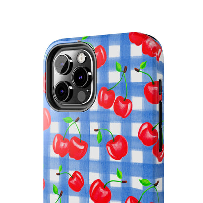 Tossed Red Watercolor Illustrated Cherries Light Blue Gingham Tough Phone Case | Various Models