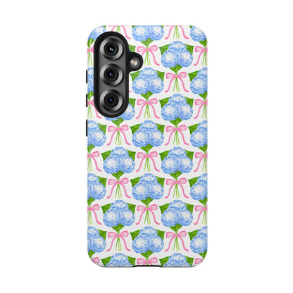 Blue Watercolor Hydrangea Bouqets with Light Pink Bows Watercolor Illustrated Patterned Tough Phone Case | Various Models