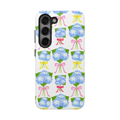 Blue Hydrangeas with Hot Pink, Yellow, Light Pink Bows Watercolor Illustrated Patterned Tough Phone Case | Various Models