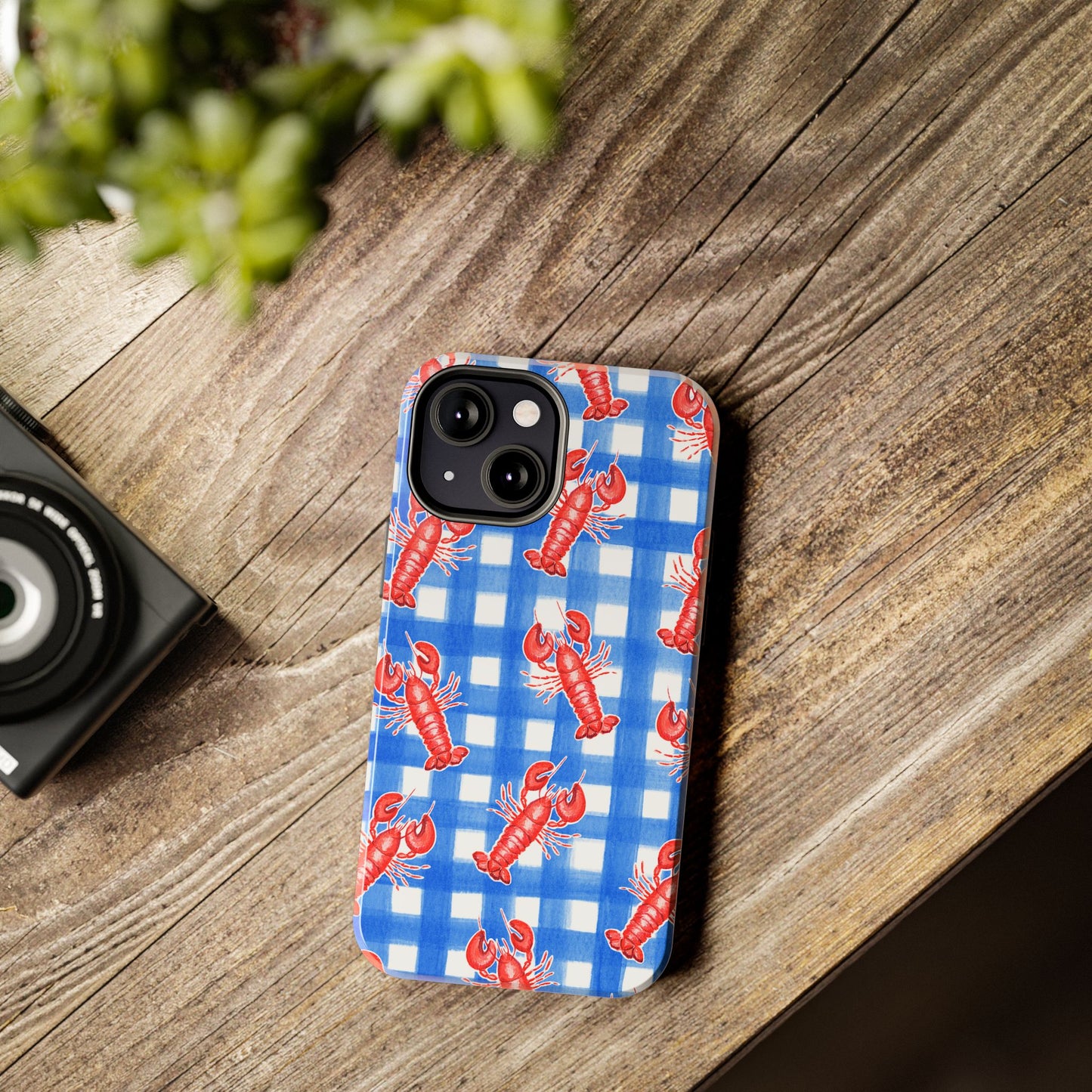 Blue Gingham Red Lobster Watercolor Patterned Phone Case | Various Models