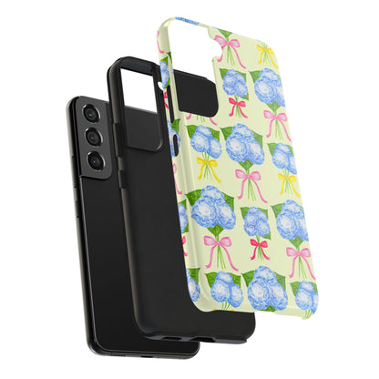 Blue Hydrangeas with Hot Pink, Yellow, Light Pink Bows Watercolor Illustrated Patterned Light Yellow Tough Phone Case | Various Models