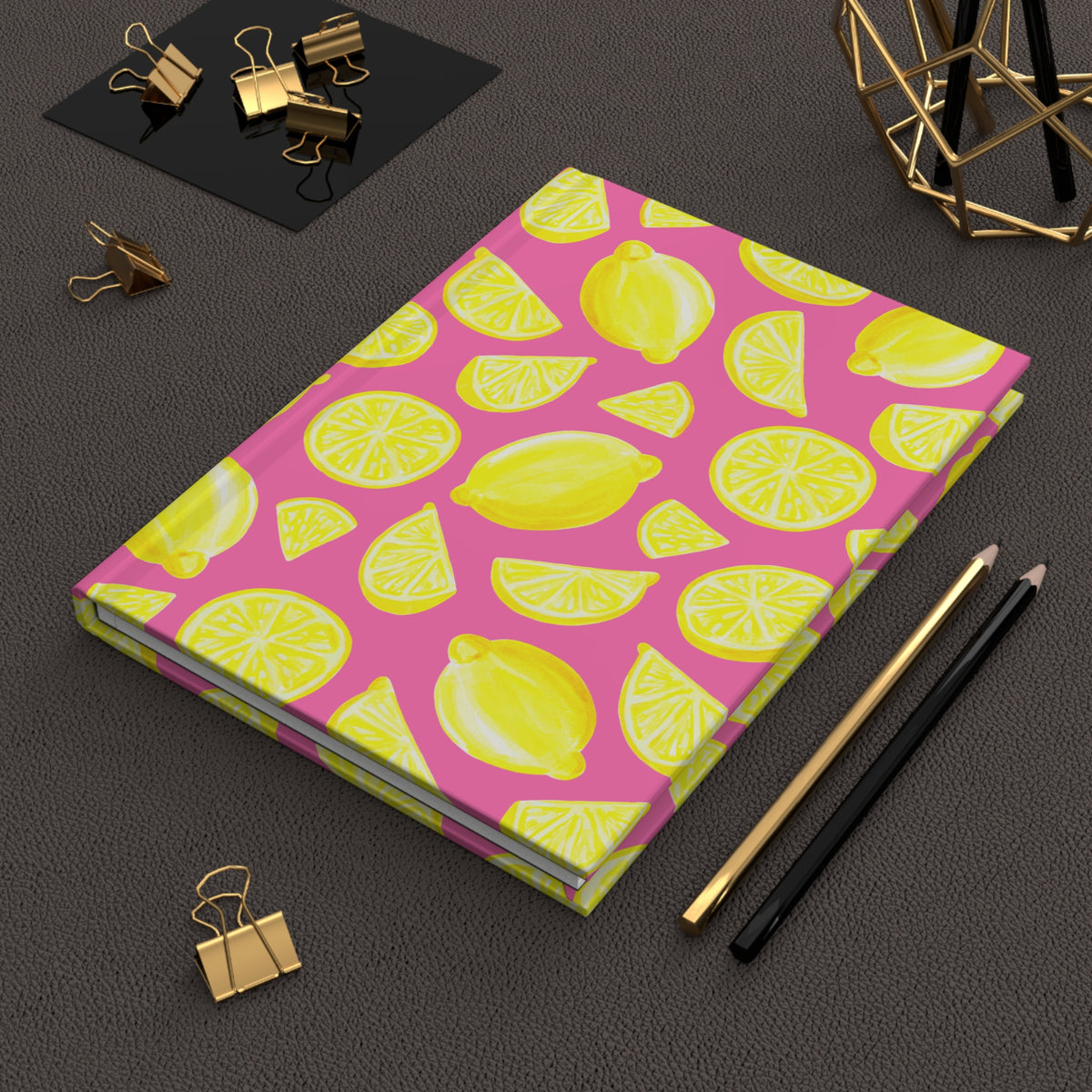 Yellow Lemons Watercolor Illustrated Light Pink Hardcover Journal Matte 8"x 5.75"