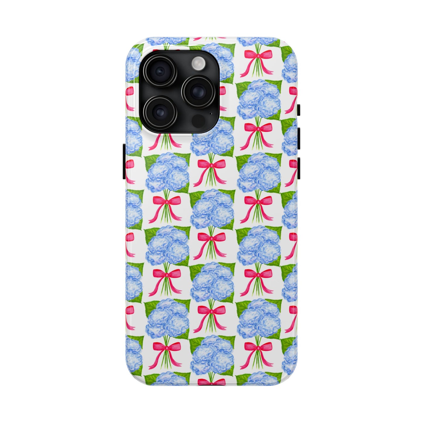 Blue Watercolor Hydrangea Bouquets with Hot Pink Bows Illustrated Patterned Tough Phone Case | Various Models
