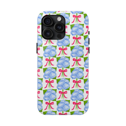 Blue Watercolor Hydrangea Bouquets with Hot Pink Bows Illustrated Patterned Tough Phone Case | Various Models
