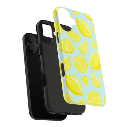 Bright Yellow Lemons Watercolor Illustrated Tossed Pattern Light Blue Tough Phone Case | Various Models