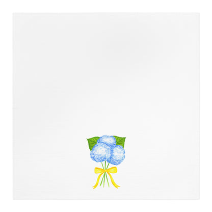 Tea Towel | Watercolor Blue Hydrangeas with Yellow Bow Printed Illustration | Preppy Coastal Kitchen Decor Gifts