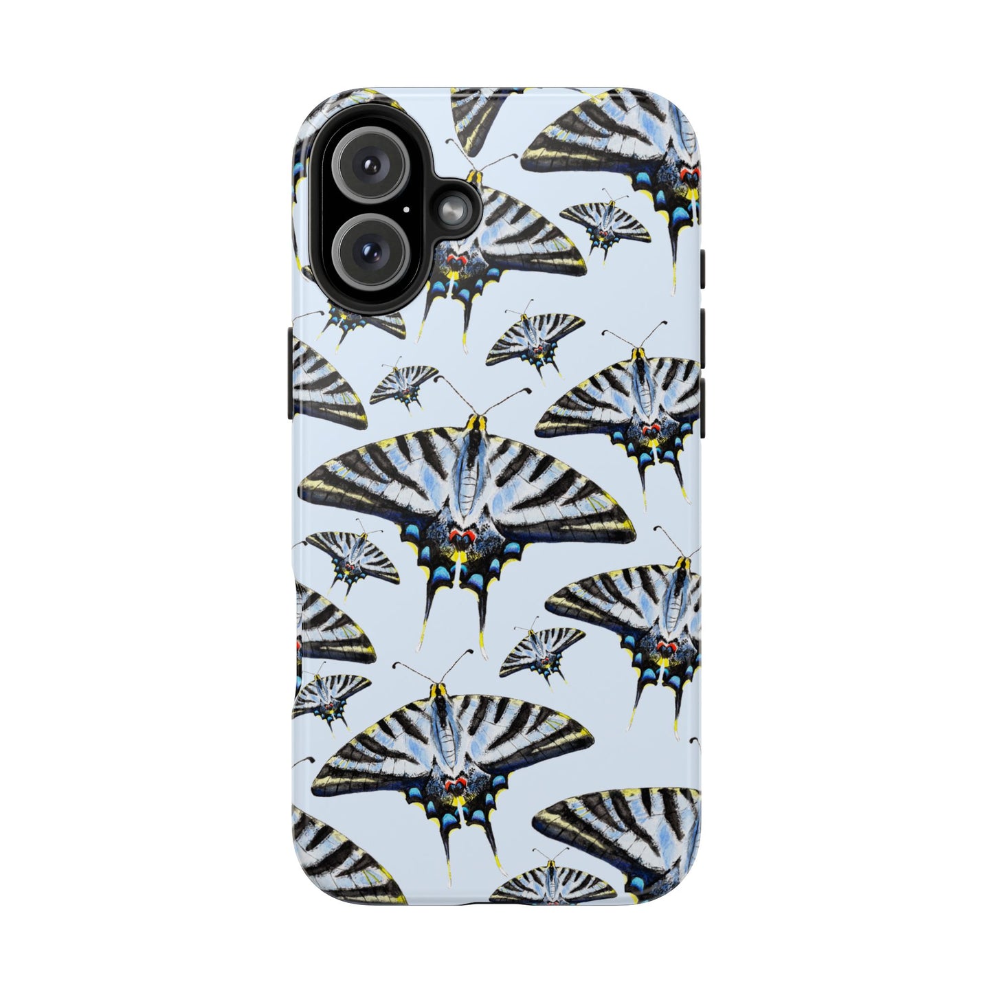 Light Blue Swallowtail Butterflies Watercolor Illustrated Pale Blue Tough Phone Case | Various Models iPhone 16 Plus