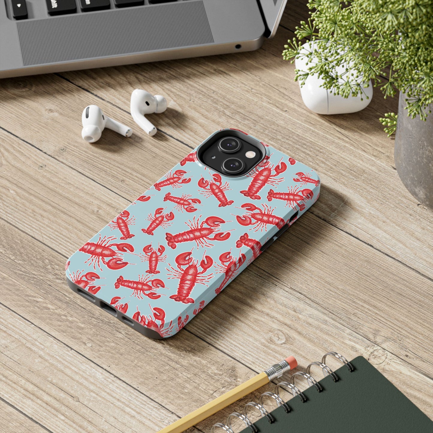 Red Lobster Watercolor Illustrated Tossed Pattern Light Blue Tough Phone Case | Various Models