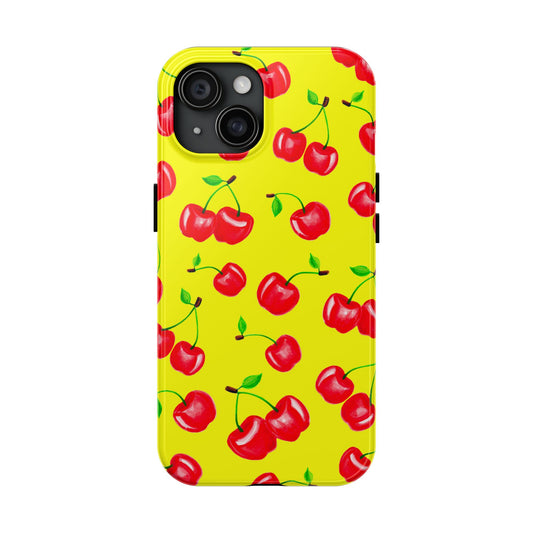 Tossed Red Watercolor Cherries Illustrated Pattern Bright Yellow Tough Phone Case | Various Models iPhone 15