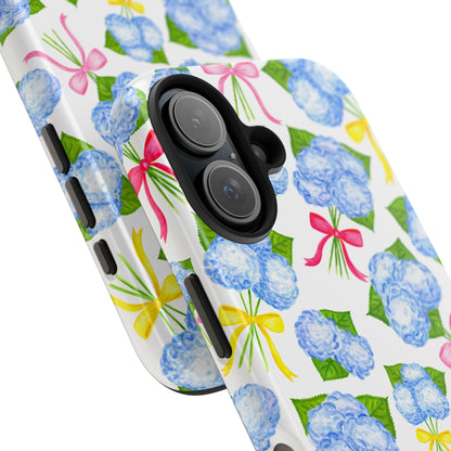 Blue Watercolor Hydrangea Bunches with Hot Pink, Yellow, Light Pink Bows Illustrated Patterned Tough Phone Case | Various Models