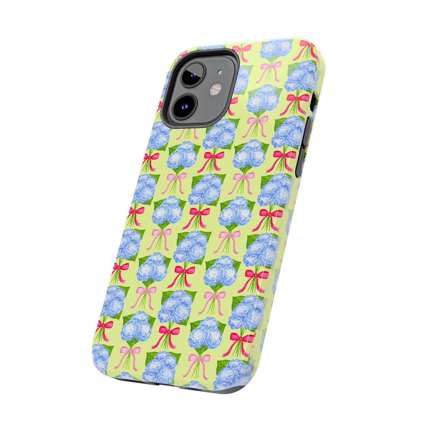 Watercolor Blue Hydrangea Bouquets with Hot Pink and Light Pink Bow Ribbons Illustrated Pattern Yellow Tough Phone Case | Various Models