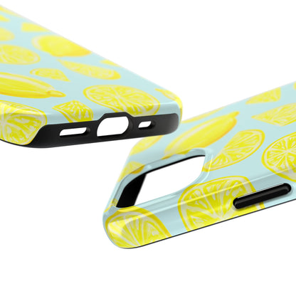 Bright Yellow Lemons Watercolor Illustrated Tossed Pattern Light Blue Tough Phone Case | Various Models