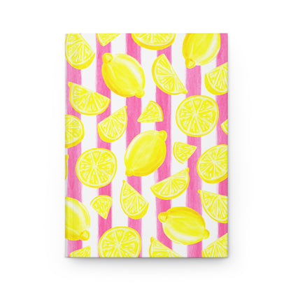 Yellow Lemons Watercolor Illustrated Light Pink Stripes Hardcover Journal Matte 8"x5.75"