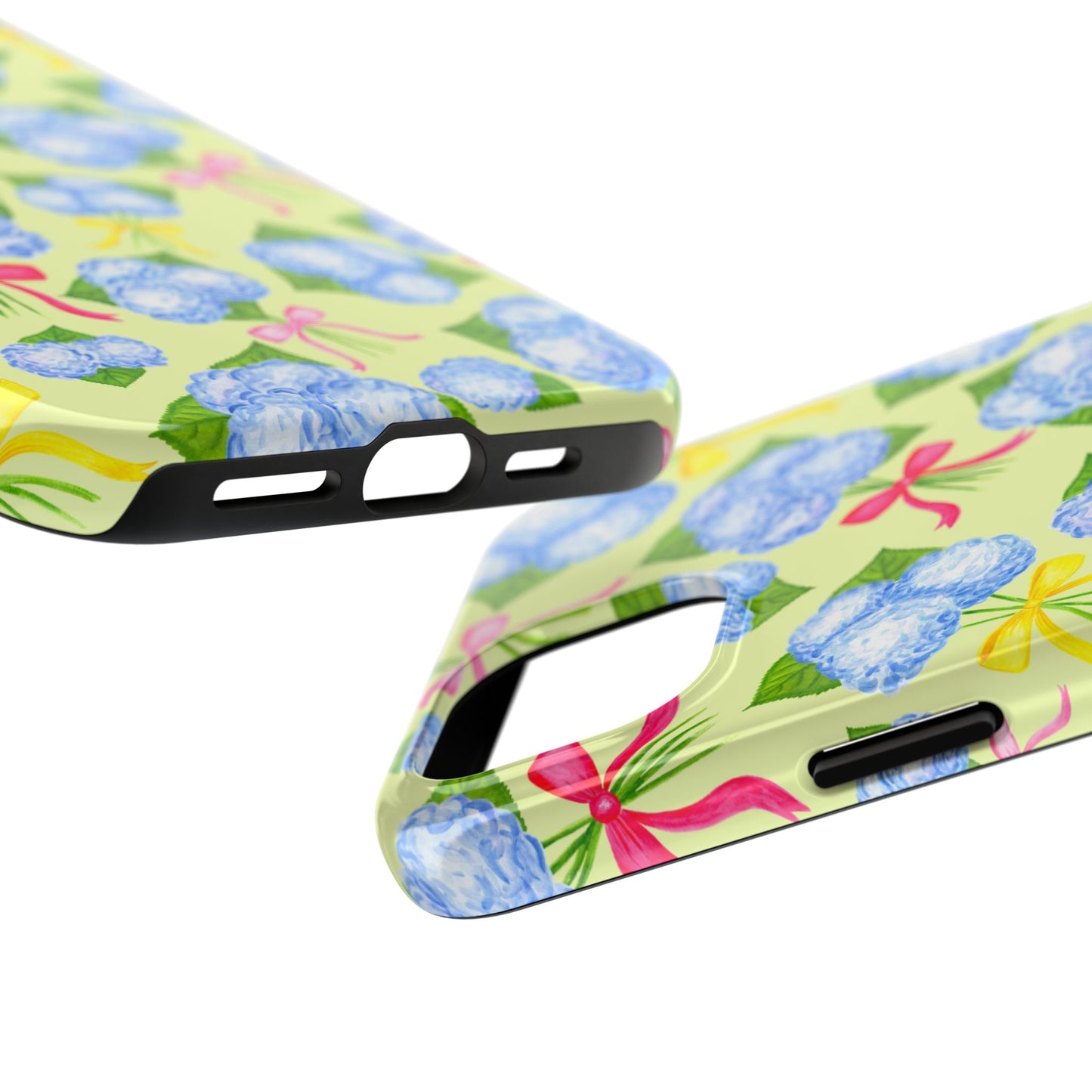Blue Watercolor Hydrangea Bunches with Hot Pink, Yellow, Light Pink Bows Illustrated Patterned Yellow Tough Phone Case | Various Models
